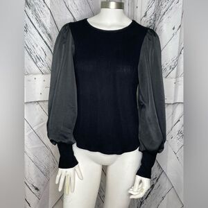 Fifteen Twenty Ribbed Sweater Satin Balloon Sleeves Black XS
